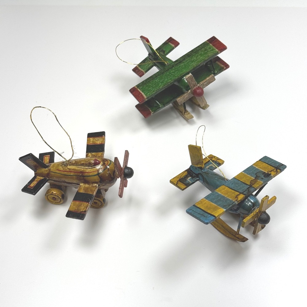 Vintage Wooden Airplane Christmas Ornaments Hand Painted Biplane Set of 3